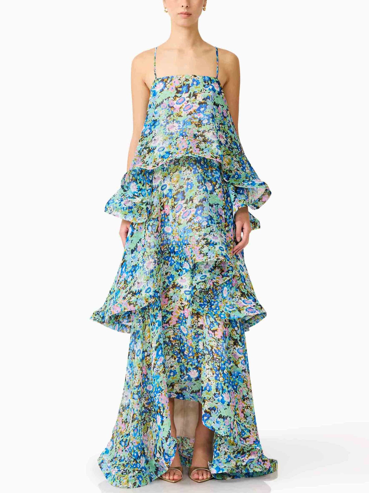 Elegante Levendige Bloemenprint Tiered Ruffle Maxi Jurk