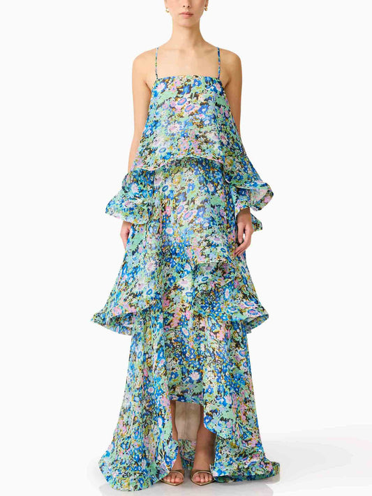 Elegante Levendige Bloemenprint Tiered Ruffle Maxi Jurk