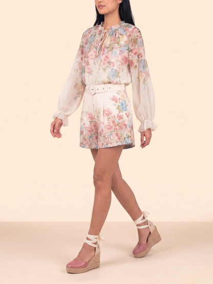 Exquisite Floral Print Lange Mouwen Chiffon Shirt & Shorts Set