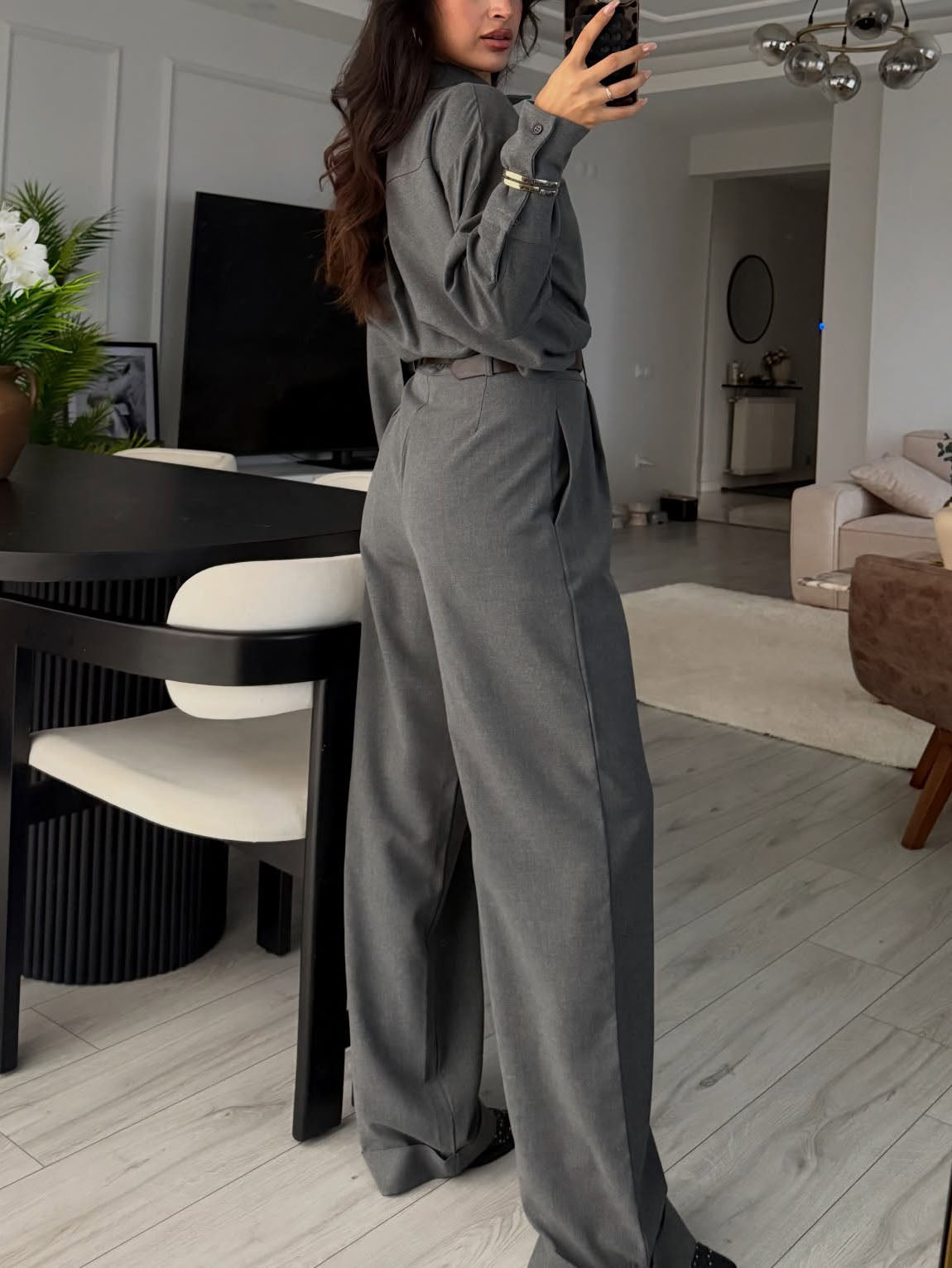 Elegante Gelaagde Sjaal Shirt & Wijde Broek Twee-Stuk Set