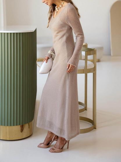 Elegante Doorzichtige Gebreide V-Hals Lange Mouw Maxi Jurk