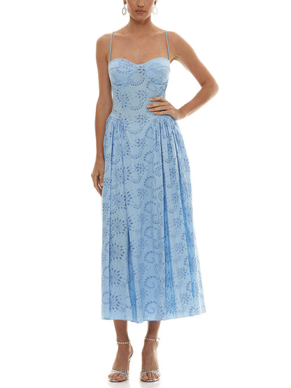 Romantische Geborduurde Sweetheart Hals Spaghetti Band Maxi Jurk