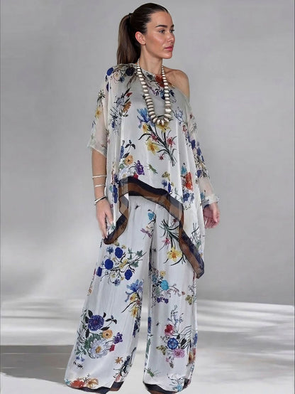 Elegante Transparante Bloemenprint Asymmetrische Top met Één Schouder & Wijde Pantalon Set