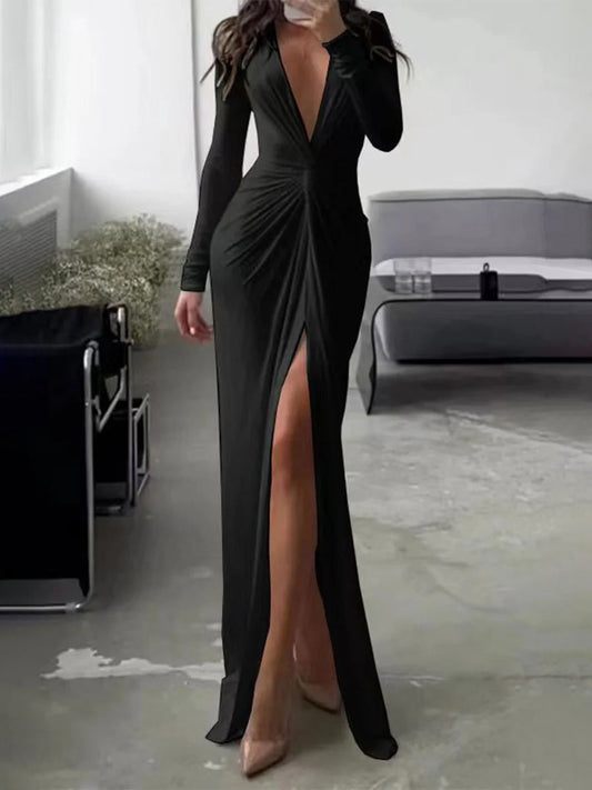 Elegante V-hals Knoop Split Lange Mouwen Gebreide Maxi Jurk