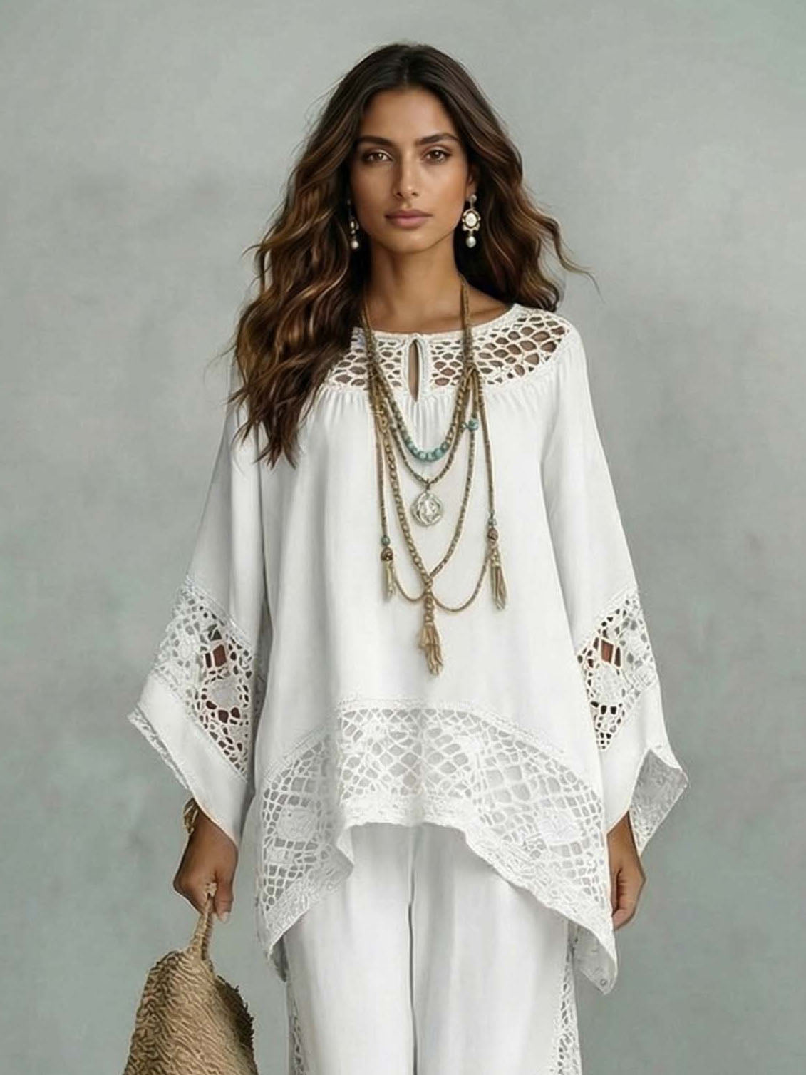 Casual Gehaakt Kant Los Kaftan Top Twee-Delige Set