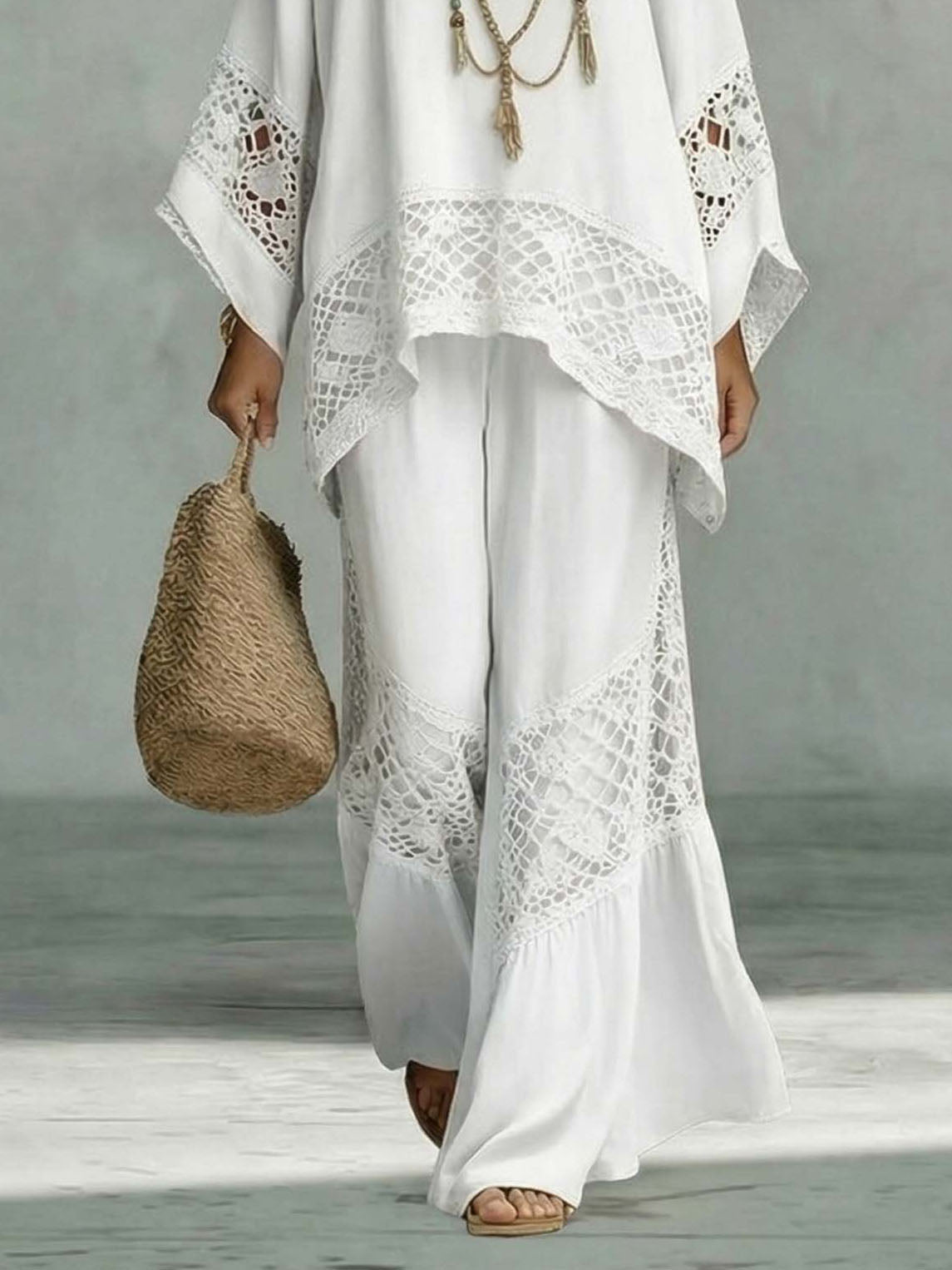Casual Gehaakt Kant Los Kaftan Top Twee-Delige Set