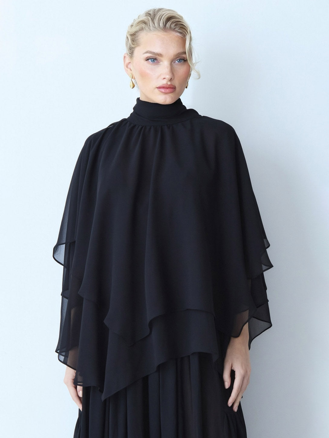 Elegante Chiffon Cape Top En Gelaagde Maxi Rok Twee-delige Set