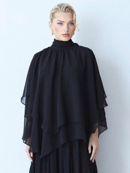 Elegante Chiffon Cape Top En Gelaagde Maxi Rok Twee-delige Set