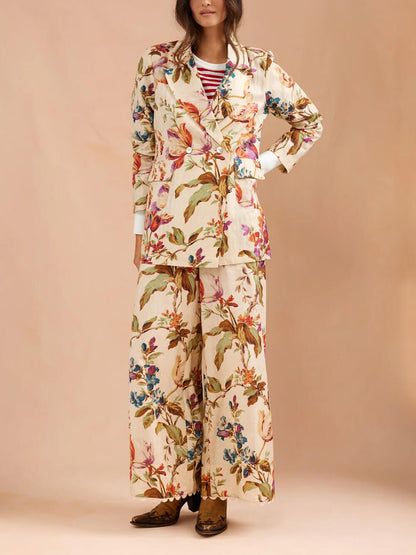 Exquise Retro Bloemenprint Lape Blazer Losse Zak Brede Pantalon Set