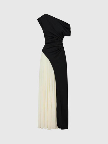 Elegante Asymmetrische Off-Shoulder Plissé Maxi Jurk