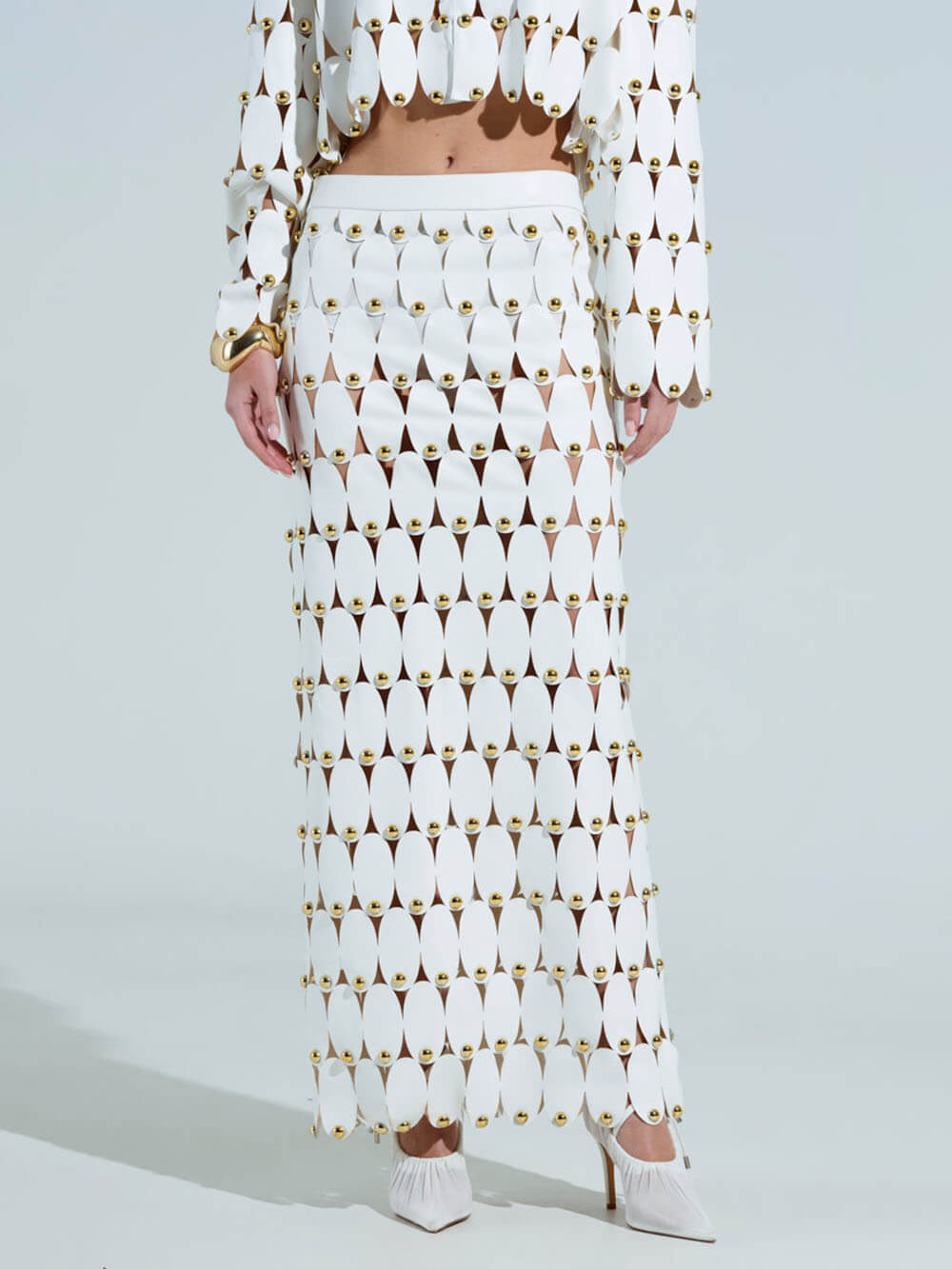 Exquise Cut-Out Studded PU Cropped Cardigan Top en Maxi Rok Set