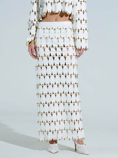 Exquise Cut-Out Studded PU Cropped Cardigan Top en Maxi Rok Set