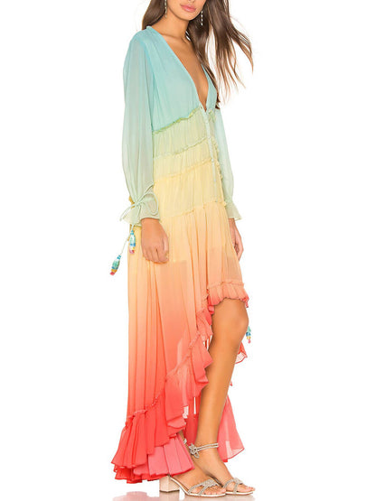 Unieke Gradient Print Bohemian Regenboog Tiered Maxi Jurk