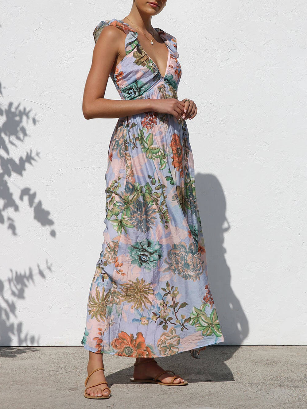 Prachtig Geplooid Uniek Bloemenprint Ruffle Mouw Maxi Jurk