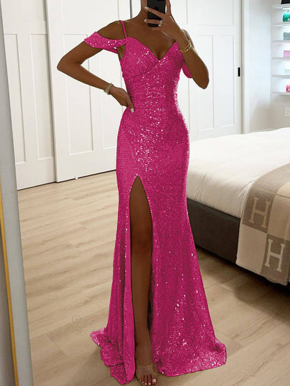 Elegante V-hals Pailletten Jurk met Split en Mouwen Maxi Dress