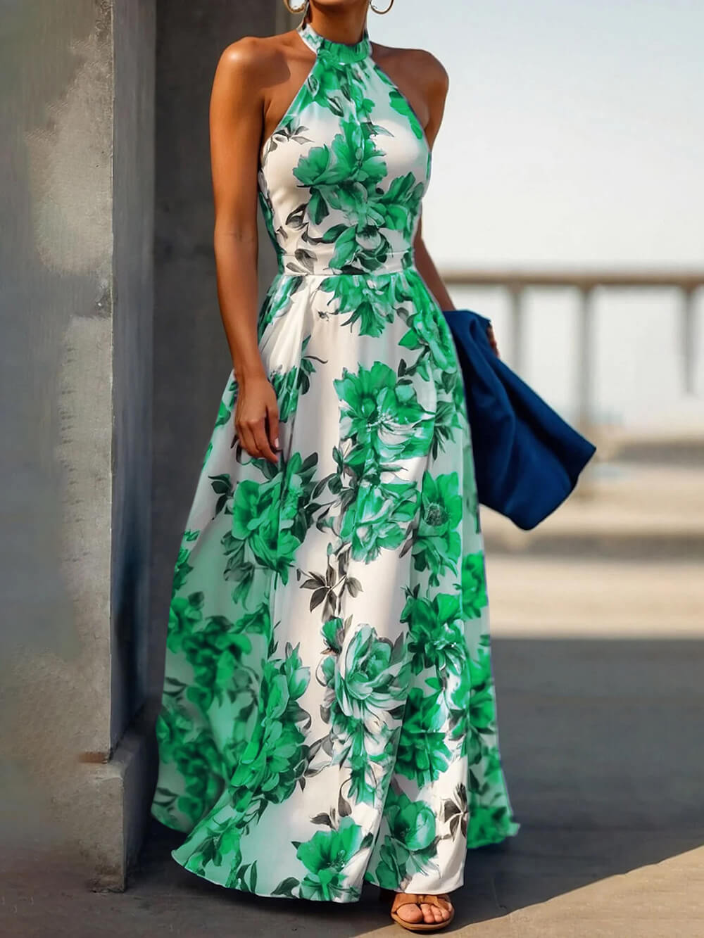 Elegante Bloemenprint Halter Nek Vakantie Stijl Slanke Maxi Jurk