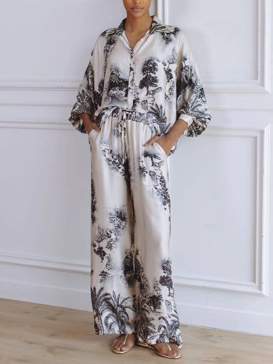 Unieke Bloemenprint Losse Top En Elastische Taille Wijde Broek Set