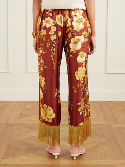 Exquise Franje Bloemenprint Satijnen Shirt en Elastische Taille Wijde Pantalon Set