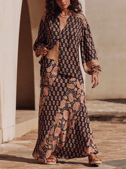 Boho Gedrukt Drapeer Shirt En Hoge Taille Maxi Rok Set