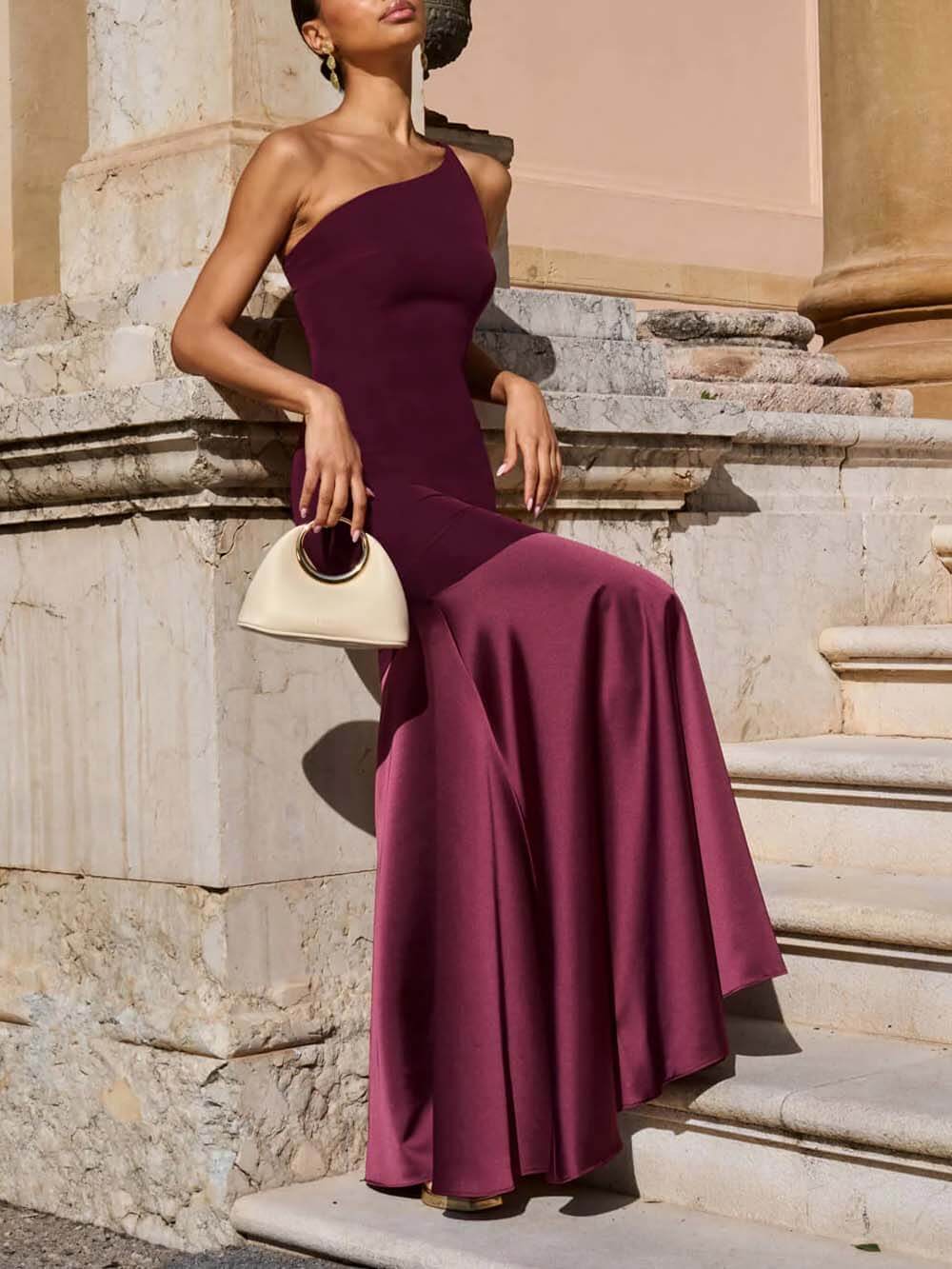 Elegante Maroon One-Shoulder Paneel Zeemeermin Maxi Jurk