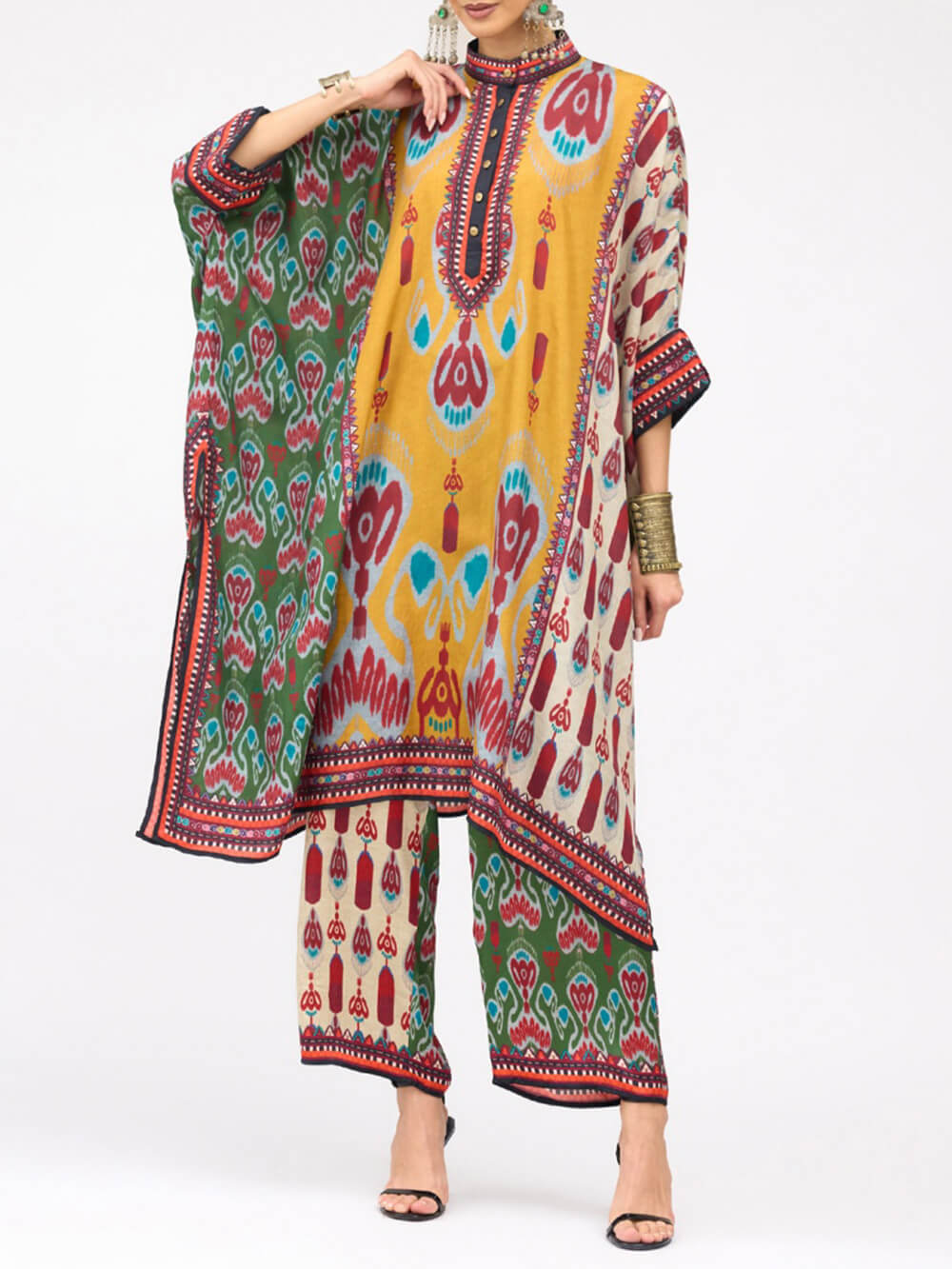Retro Casual Patchwork Bloemenprint Losse Midi Shirt