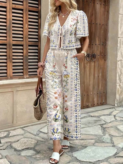 Unieke Bloemenprint Tie-Front Top Hoge Taille Rechte Broek Set