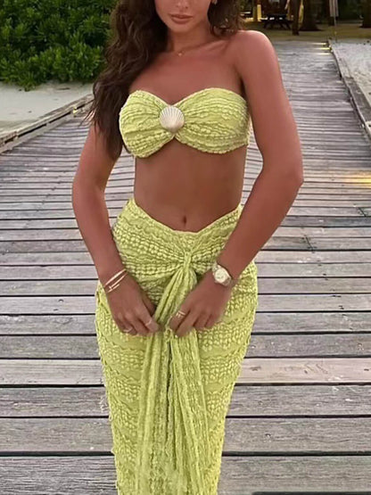 Elegante Strapless Top met Schelpversieringen & Rimpelrok Set