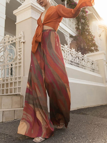 Casual Bell-Sleeve Tie-Up Top met Kleurrijke Print Hoge Taille Wijde Broek Set
