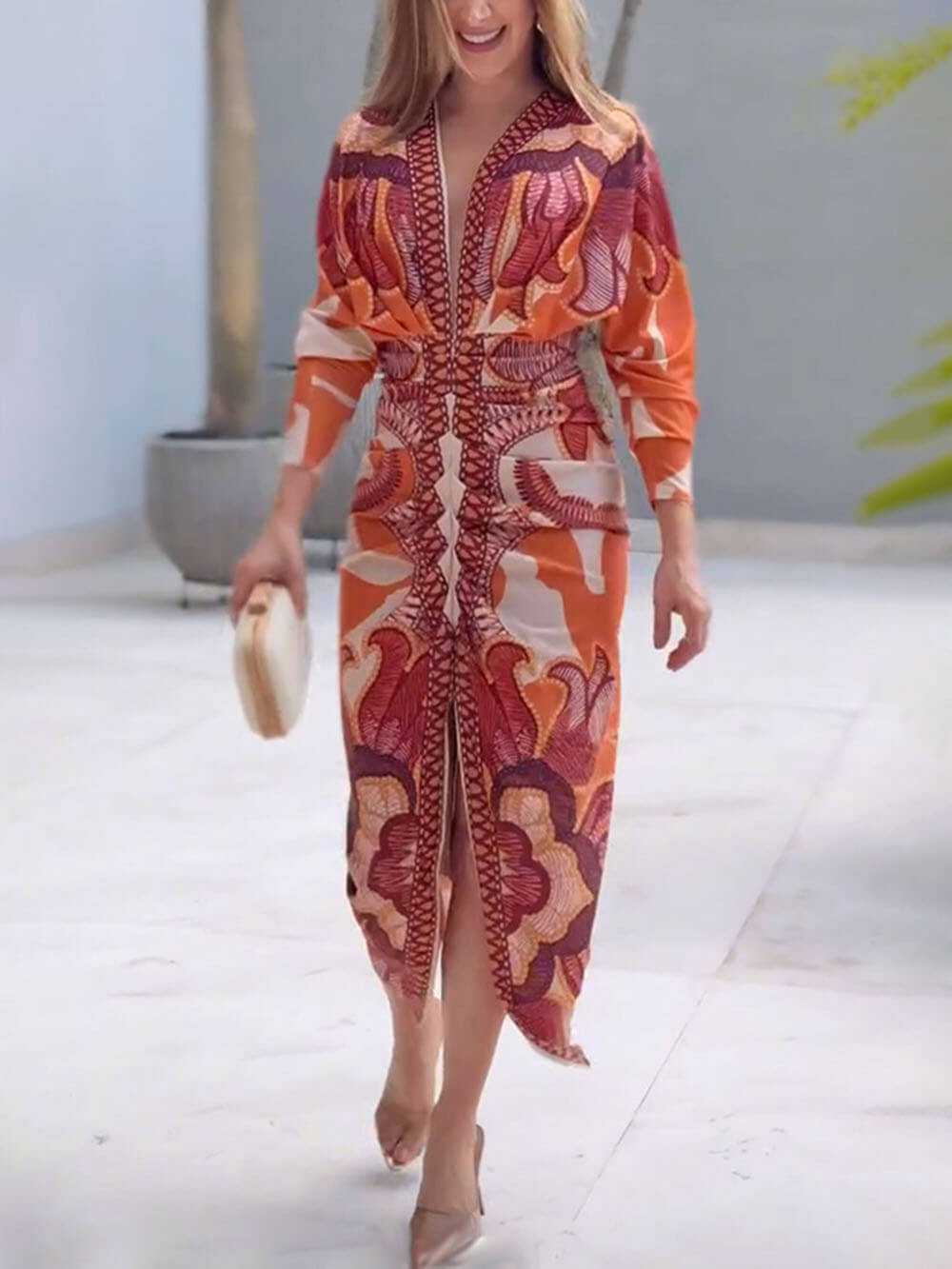 Elegante Bloemenprint Sexy V-Hals Lange Mouwen Split Jurk