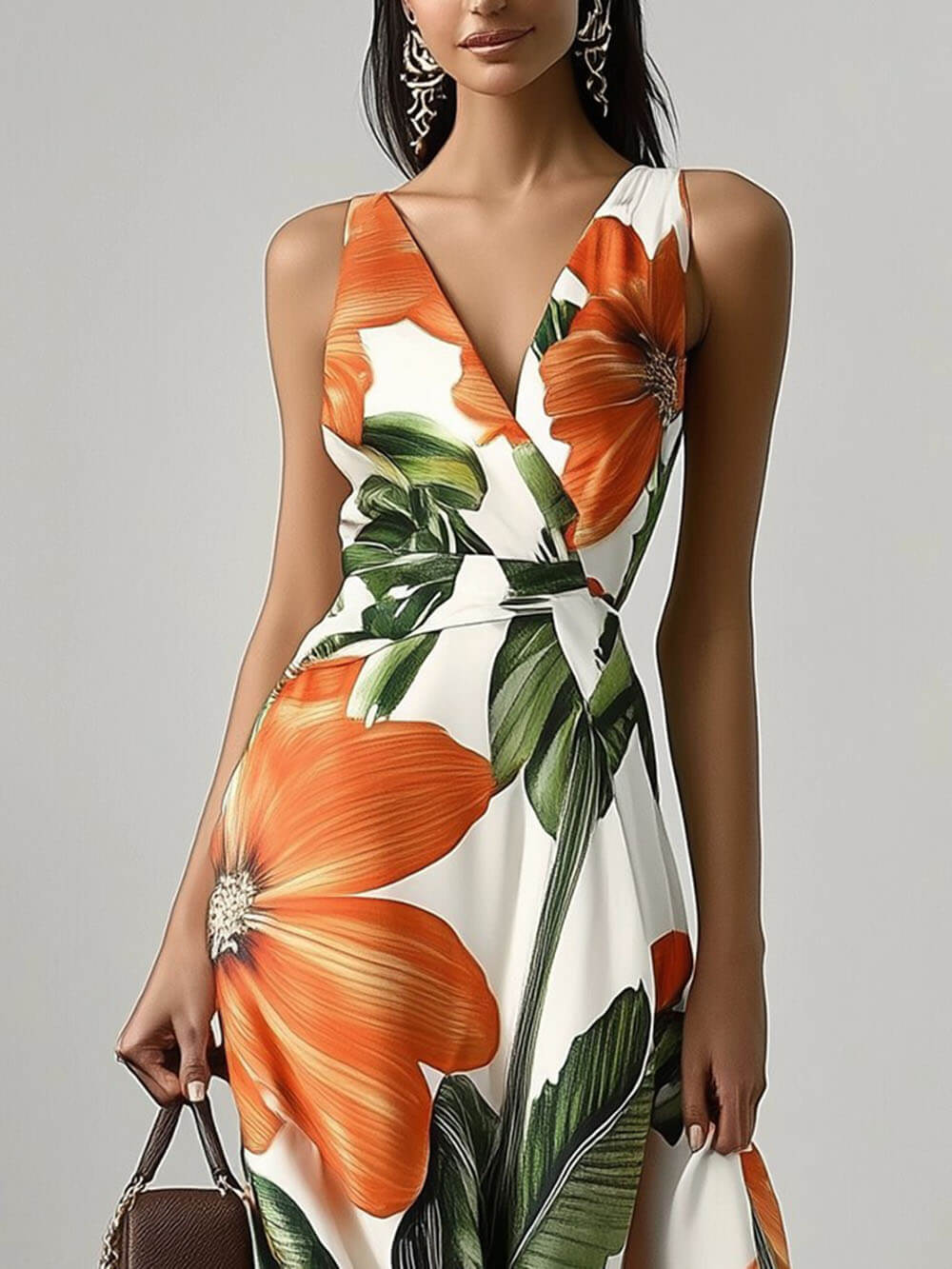 Elegante Bloemenprint Klassieke V-Hals Mouwloze A-Lijn Maxi Jurk