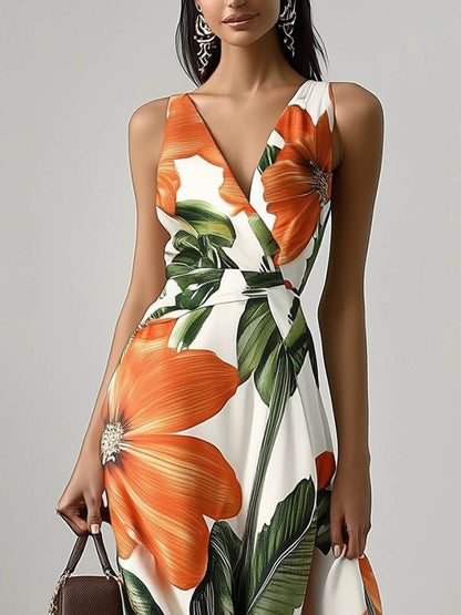 Elegante Bloemenprint Klassieke V-Hals Mouwloze A-Lijn Maxi Jurk