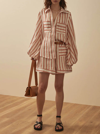 Klassieke Casual Gestreepte Print Losse Shirt En Shorts Set