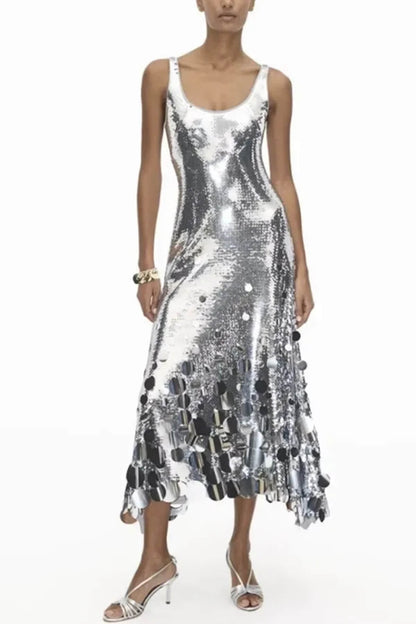 Exquise Feest Tips Pailletten Ongelijkmatige Ronde Franje Zoom Rug Uitsnijding Tank Maxi Jurk