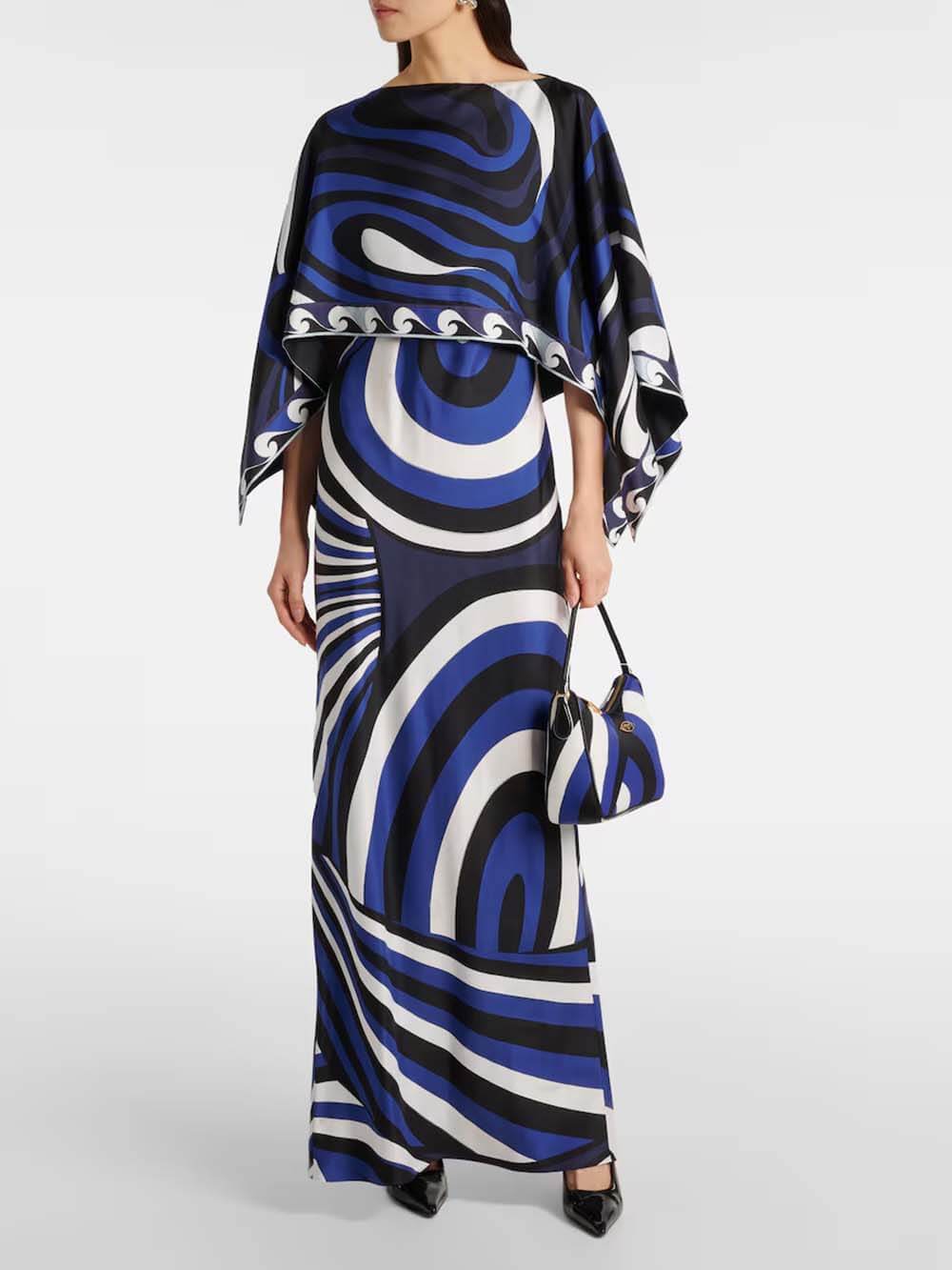 Exquise Swirl Regenboogprint Maxi Jurk en Losse Cape Top Set