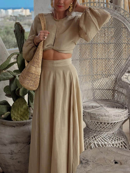 Bohemian Lantern Sleeve Tie-Front Top en Hoge Taille Rok Set