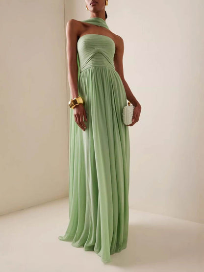 Elegante Mouwloze Plissé Lange Rok Met Riemloze Jurk