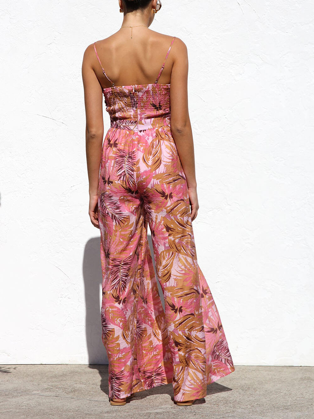 Delicate Botanische Print Spaghetti Band Resort Stijl Wijde Pantalon Jumpsuit