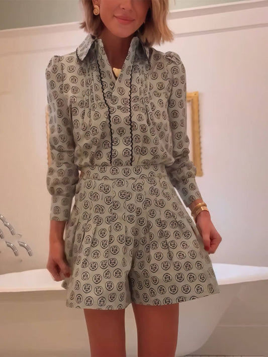 Retro Print Kraagloze Lange Mouwen Shirt en Hoge Taille Shorts Set