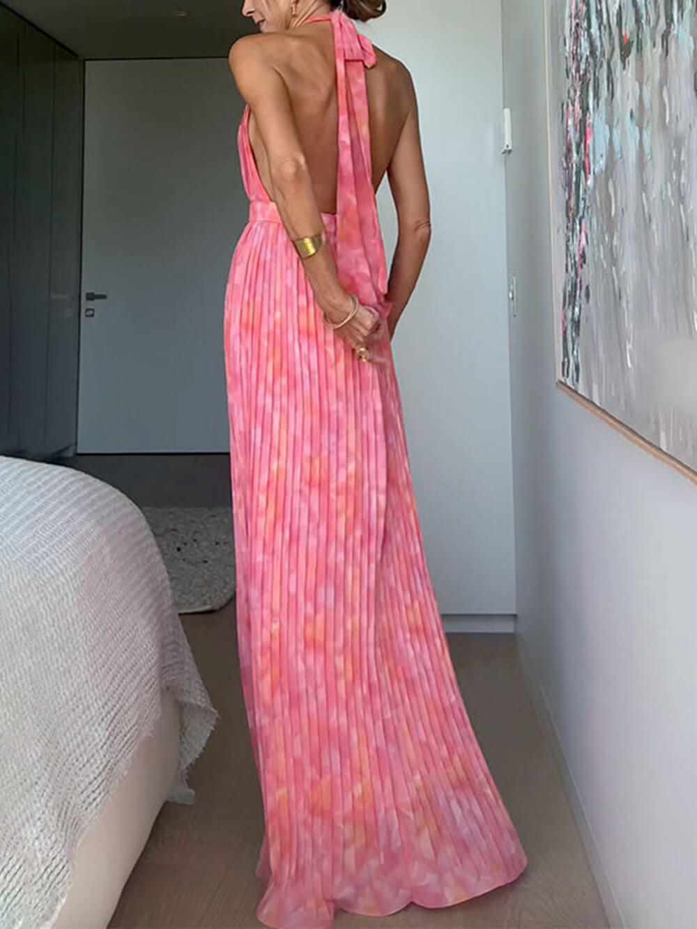 Elegante Halter V-Hals Open Rug Geprinte Plissé Maxi Jurk