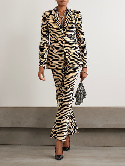 Exquise Zebra Print Blazer Met Rechtafstaande Broek Set