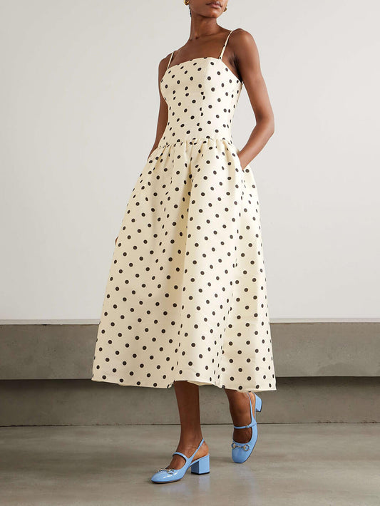 Klassieke Polka-Dot Print Satijnen Midi Jurk