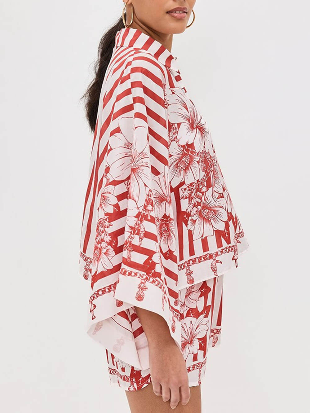 Unieke Bloemenprint Wijd Mouwen Shirt en Elastische Taille Zakshorts Set