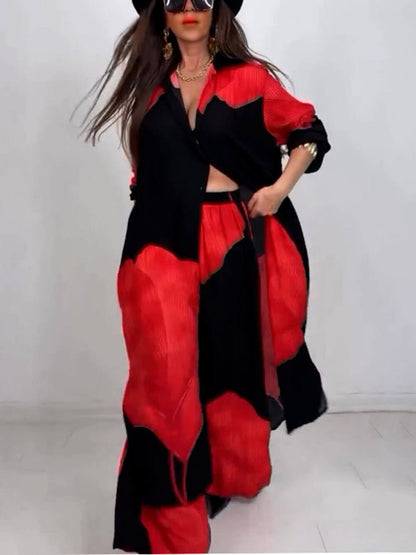 Elegante Losse Gedrukte Midi Top en Wijde Broek Set