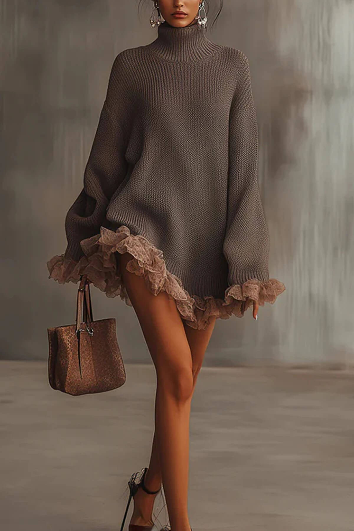 Mode Effen Kleur Turtleneck Lange Mouw Losse Rimpel Brei Mini Jurk