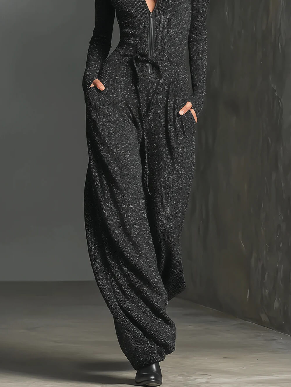 Elegante Gebreide Glanzende Rits Jumpsuit