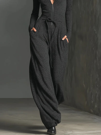 Elegante Gebreide Glanzende Rits Jumpsuit