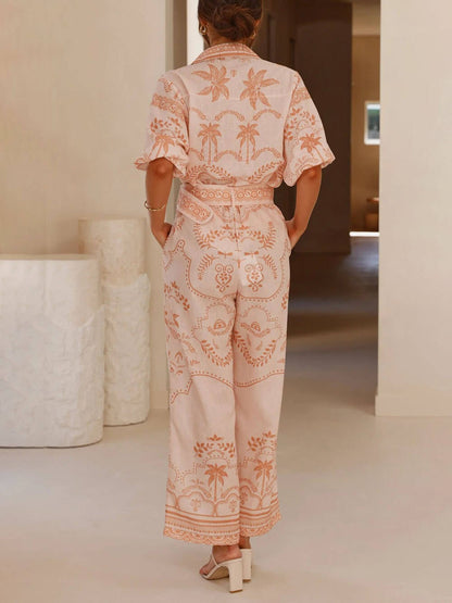 Casual Temperament Geprinte Linnen Korte Mouwen Top Met Riem En Rechte Broek Set