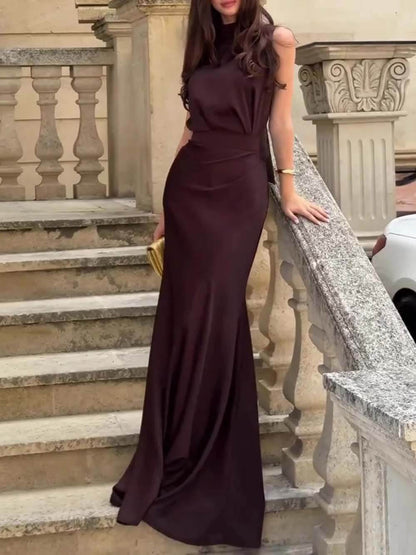Exquise Chocoladebruine Hoge Hals Mouwloze Maxi Jurk