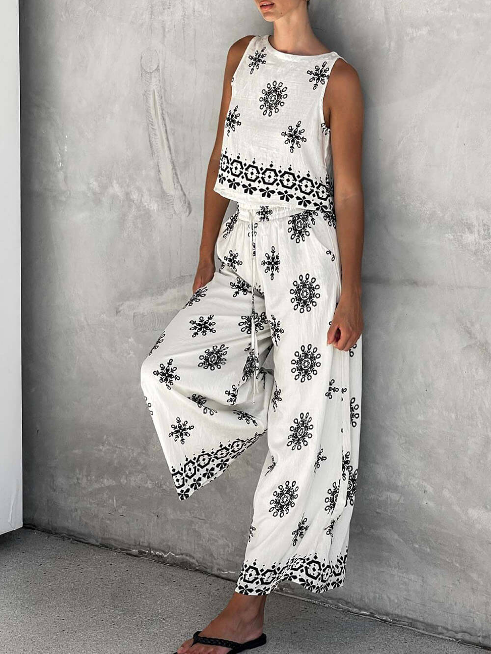 Modieuze en Casual Unieke Geprinte Linnen Vest Brede Pantalon Set
