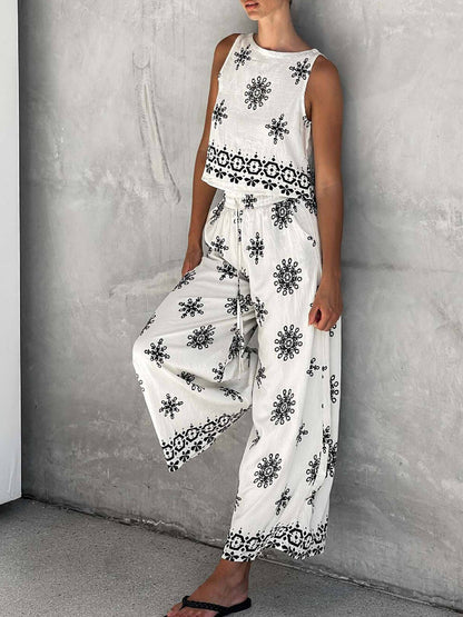 Modieuze en Casual Unieke Geprinte Linnen Vest Brede Pantalon Set